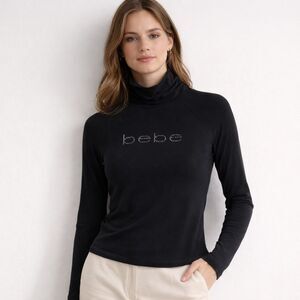 Vintage bebe Sport Rhinestone Logo Mock Neck Top Black Sparkle Blouse M Y2K